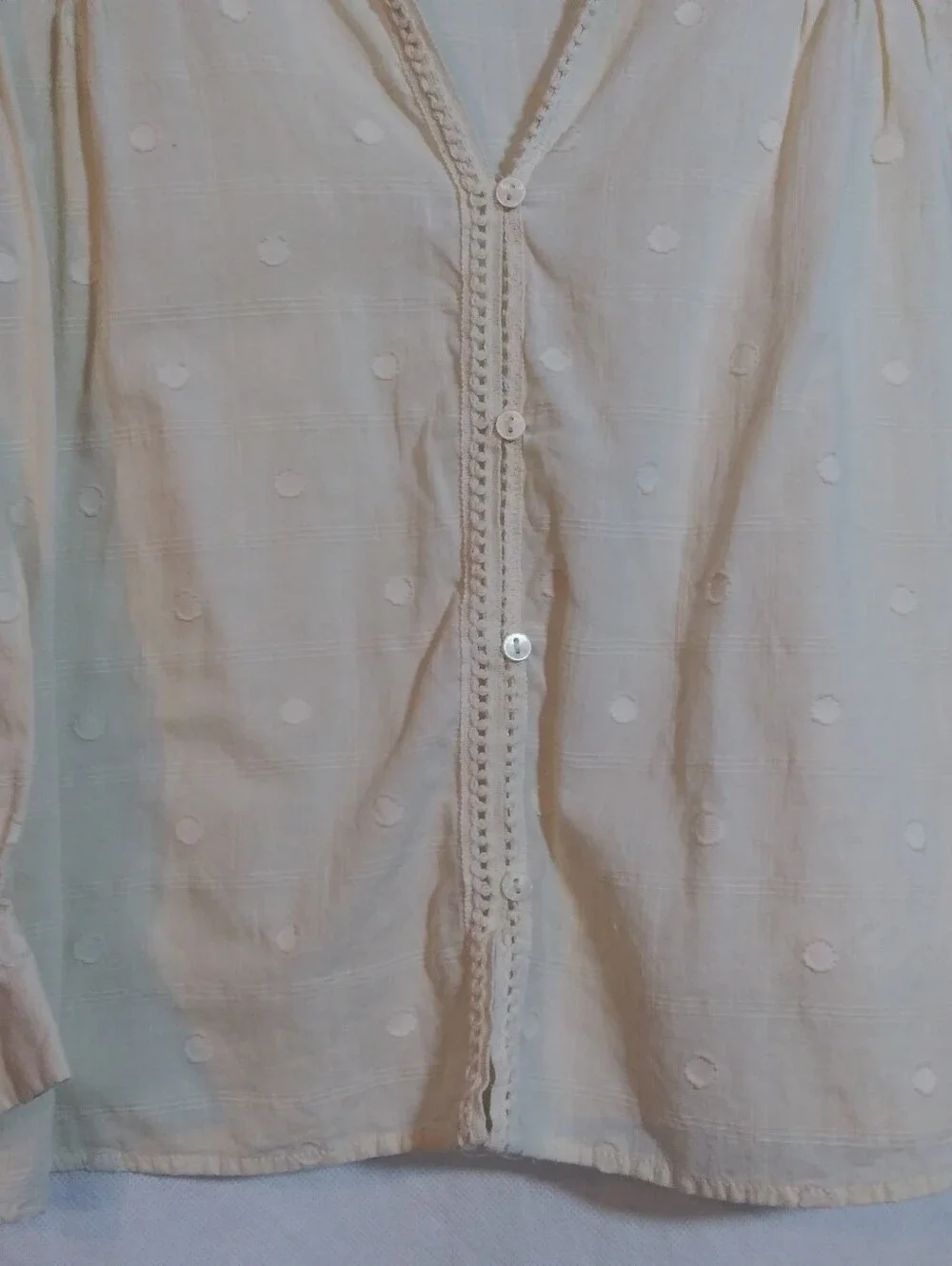 Zara Tan Dot-Pattern V-Neck Button Balloon Embroidered Sleeve Blouse Size Small